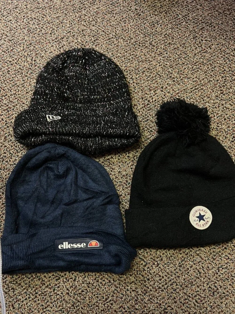 Lot Of 3 Women’s Beanies Black Blue Multicolor New Era Converse Ellesse One Size